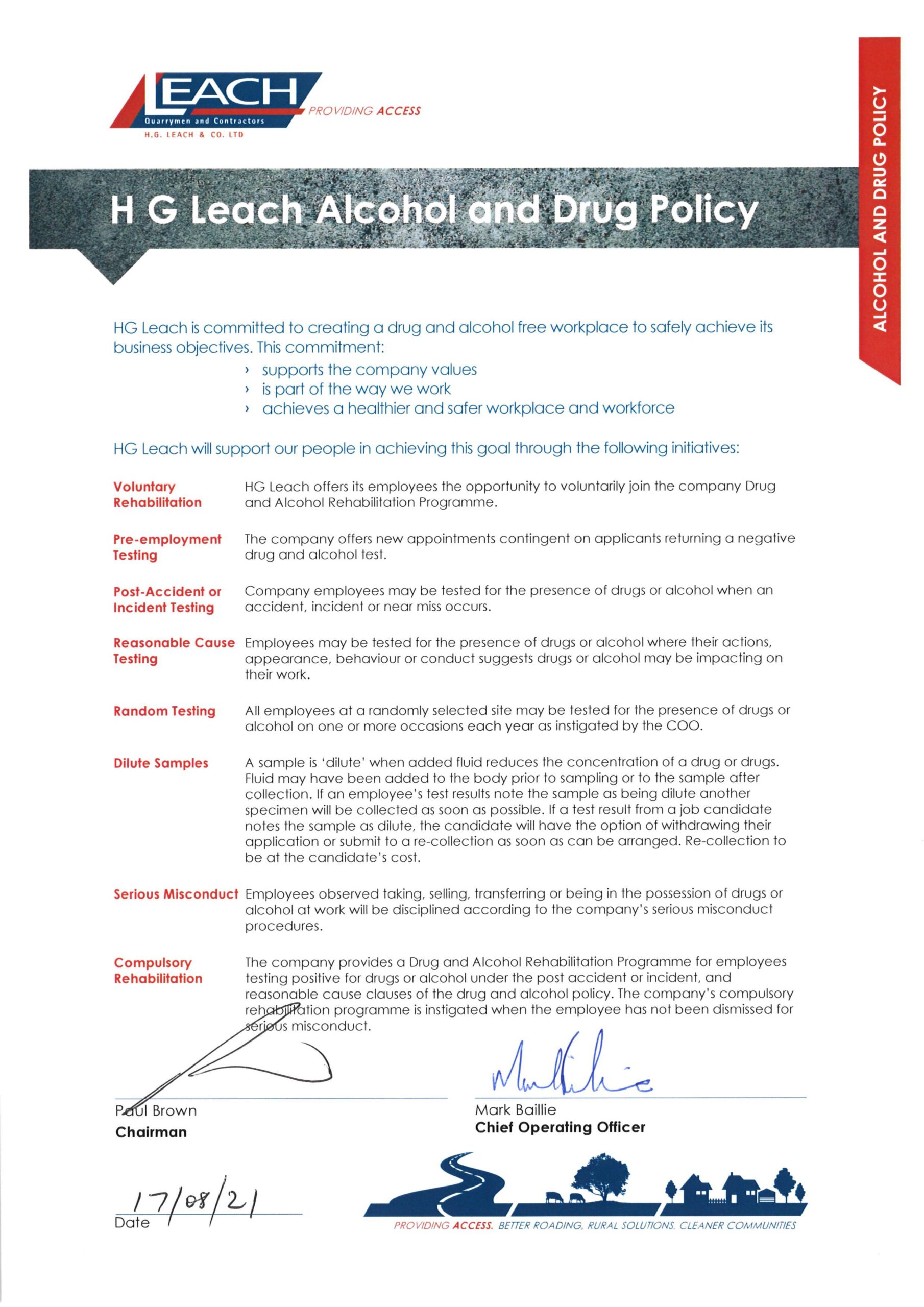 HG Leach | Drug and alcohol policy 2021