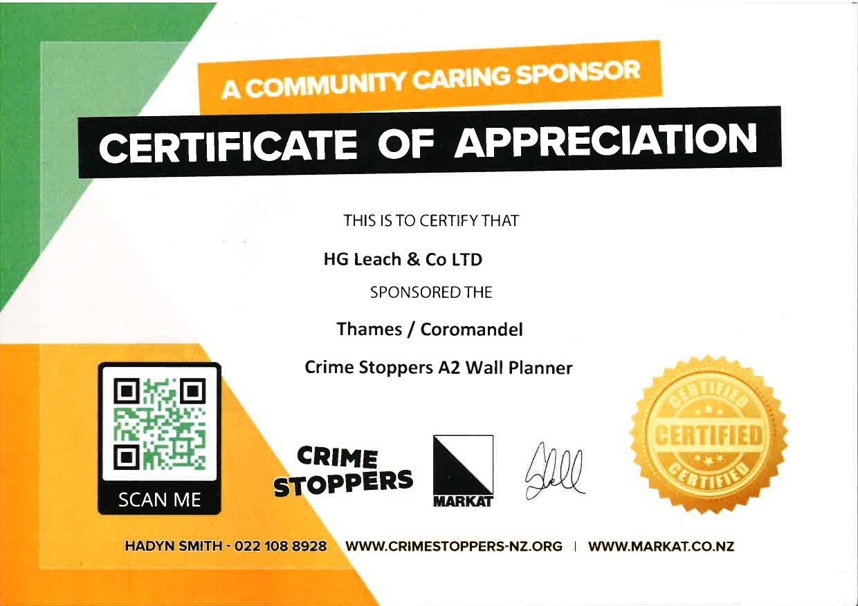 HG Leach | Community Caring Sponsor certificate